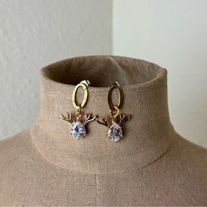 Gold Tone CZ Reindeer Dangle Pierced Earrings
